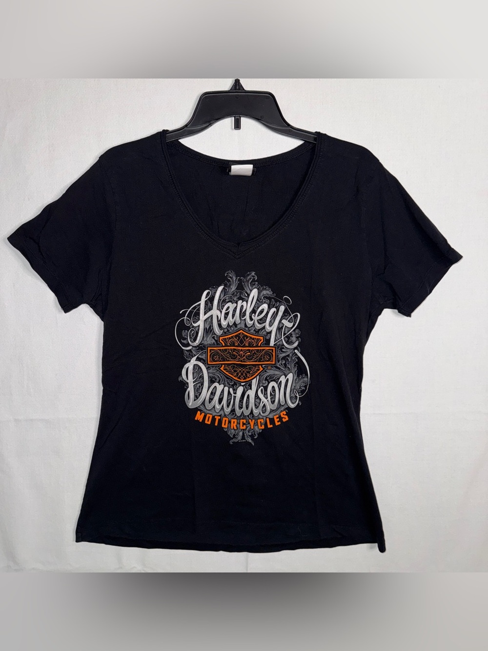 Harley-Davidson Black V-Neck Tee with Orange & White Logo
